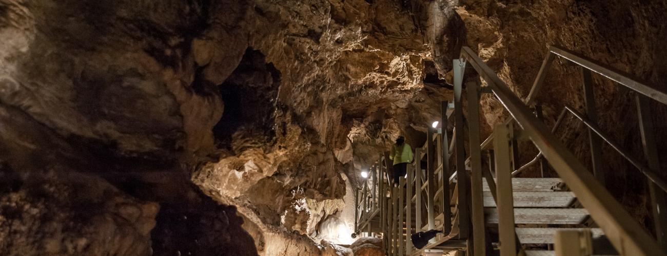 A metal walkway sits above the formations inside of the cave.