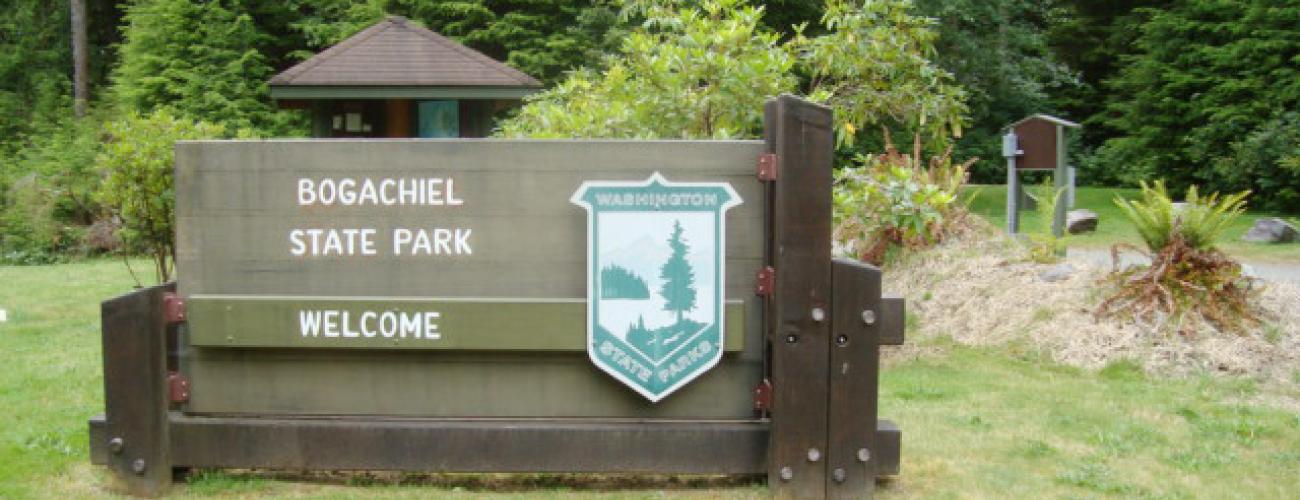 The welcome sign at Bogachiel State Park entrance.