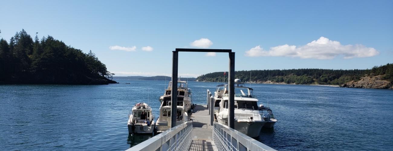 Looking down the dock at James Island. There are boats moored on either side. It is sunny and there are green islands in the distance.