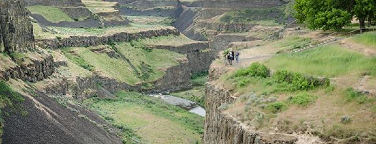 Looking down the basalt cliffs of the deep canyon with broken basalt with grass on the left and tree to the right.