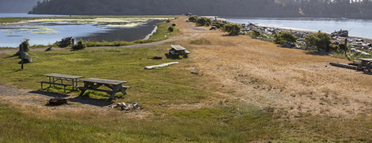 Picnic tables on Spencer Spit on a sunny day