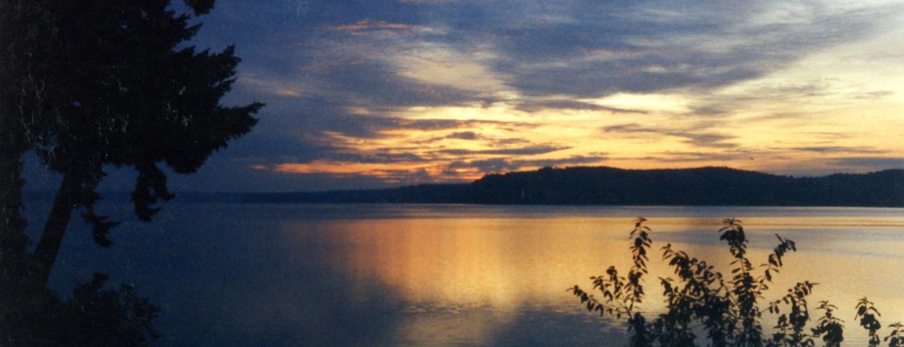 Dark shadows of trees and bushes frame an orange and dark gray late sunset reflected in the placid waters fronting Triton Cove State Park.