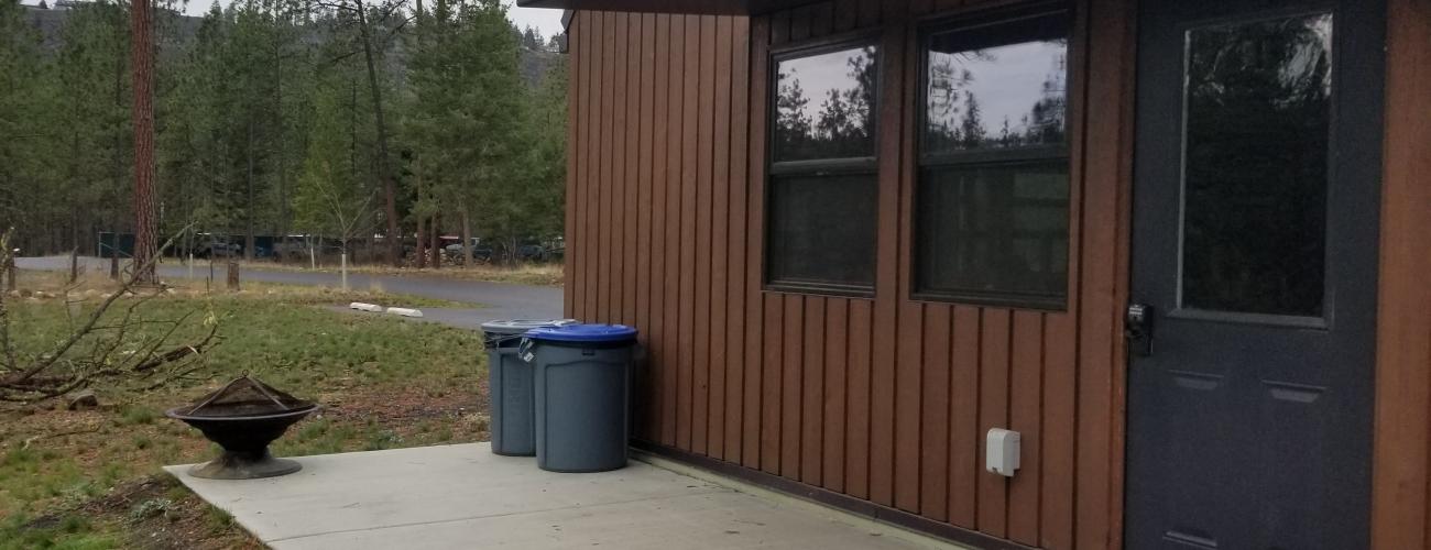 Brown cabin with fie pit and tall trees