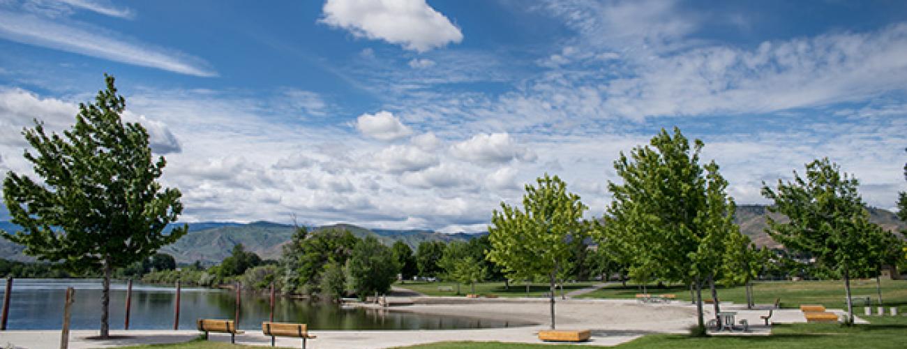 A wide shot of a brilliant blue sky with fluffy white clouds over a lawn, dotted with trees edging up against a sandy river shoreline. Low hills rise in the distance.