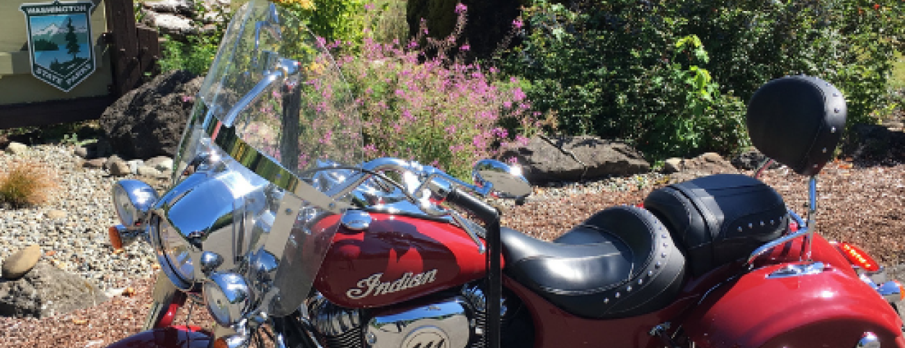 Motorcycle parked in front of a small grassy area and a lake