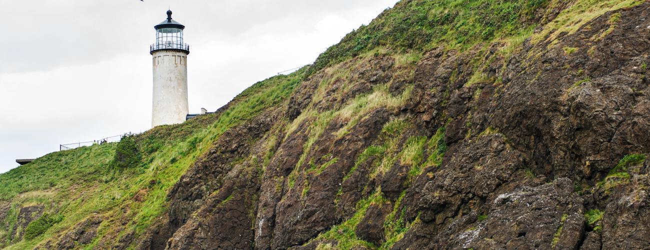 Top of a lighthouse seen behind a mossy ridgeline