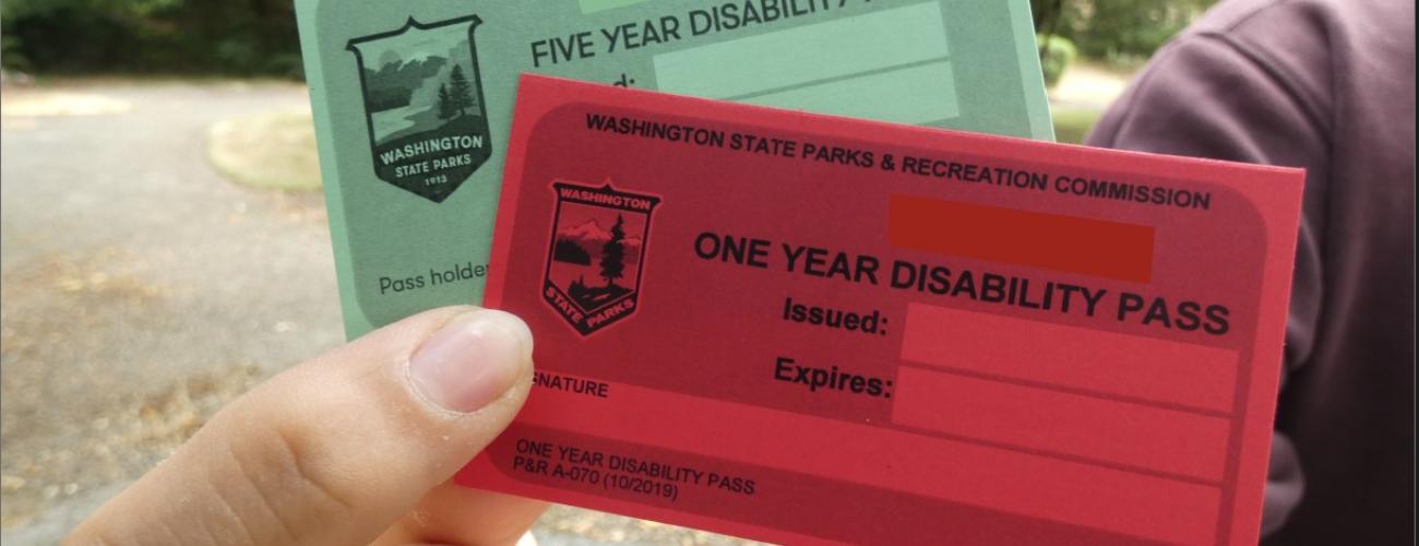 Hand holding a 1 year disability pass in red and a 5 year disability pass in teal.