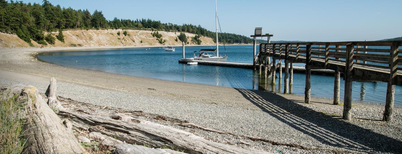 dock stretching over beach into water