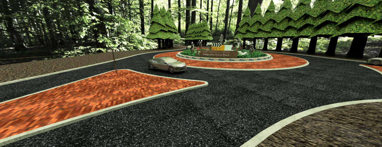 Digital rendering of a car driving around a roundabout