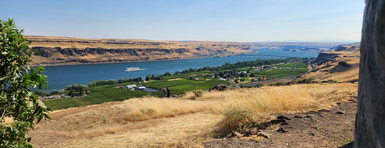 A beautiful high up view of the Columbia River at Maryhill State Park. The river is blue and sparkling surrounded by Basalt rock formations and dry brown grasses.