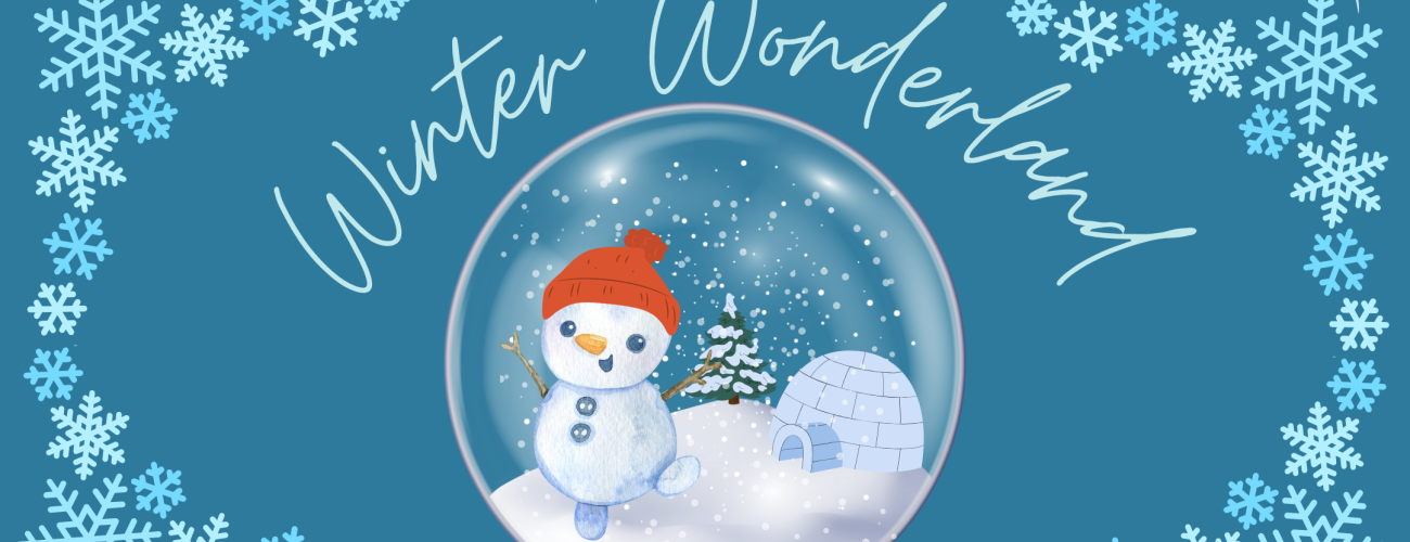 Blue background with white snowflakes, snowman in snow globe and text