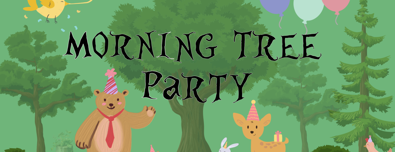 Green background with green tree and bushes. Cartoon bear, deer, bunny, and birds wearing party hats. Blue, light blue, and pink balloons.