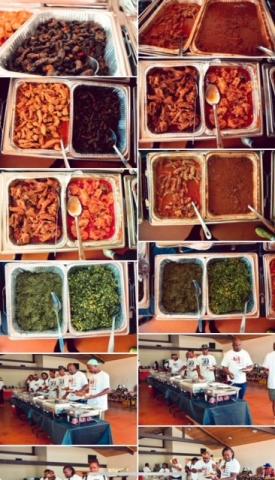 Plates of colorful African foods in greens, browns, orange, black and red.