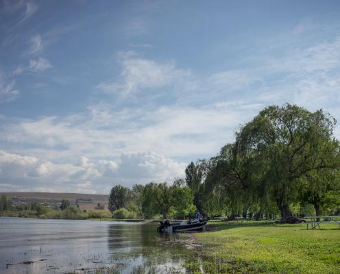 A boat is beached along a grassy lawn, nearby a picnic table sits alone. Large, green trees are blowing in the wind, farm hills and a slightly blue sky sit in the background. 