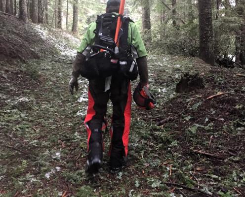 A man walks through the forest in a dusting of snow with a chainsaw on his back, facing away from the camera.