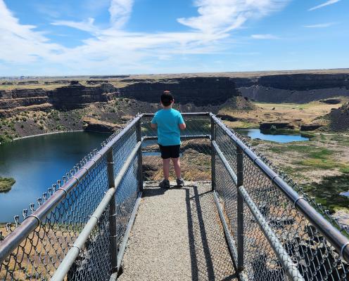 A boy in a blue shirt and shorts standing on the lookout bridge at Sun-Lakes Dry Falls State Park looking out onto the rock formations created by ice age floods. The rocks are brown surrounded by dry grasses and vegetation.