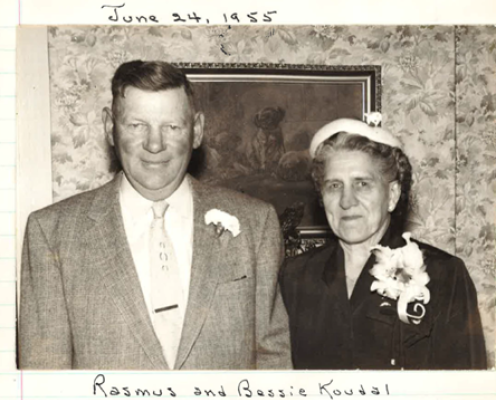 Sepia toned photo of an older couple and handwritten caption