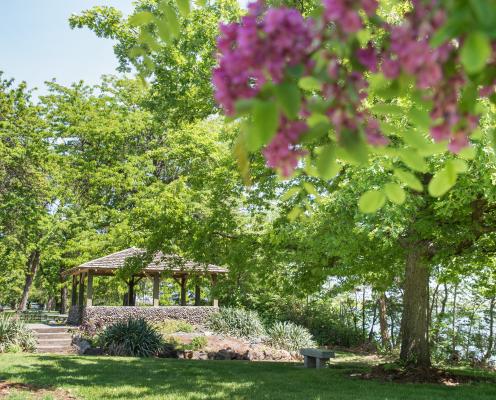 Samll stone and wood shelter with flowers blooming in the foreground