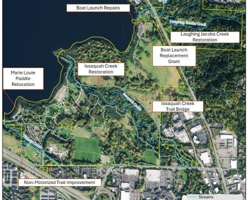 Map showing the locations of projects at Lake Sammamish State Park: Marie Louie paddle relocation on the southwest lake shore, non-motorized trail improvements on the southwest near the road, Issaquah Creek restoration and trail bridge in the middle of the park, boat launch replacement and repairs at the northeast lake shore, and Laughing Jacobs Creek restoration on the northeast of the park