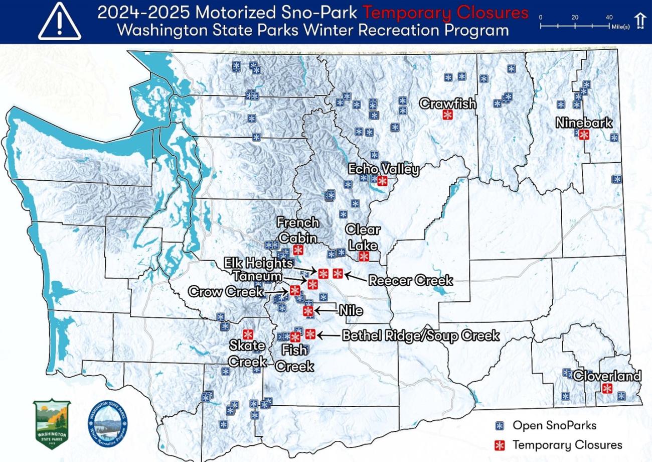 Map of Washington showing the location of sno-parks and marking which sno-parks will be closed for the 24-25 season