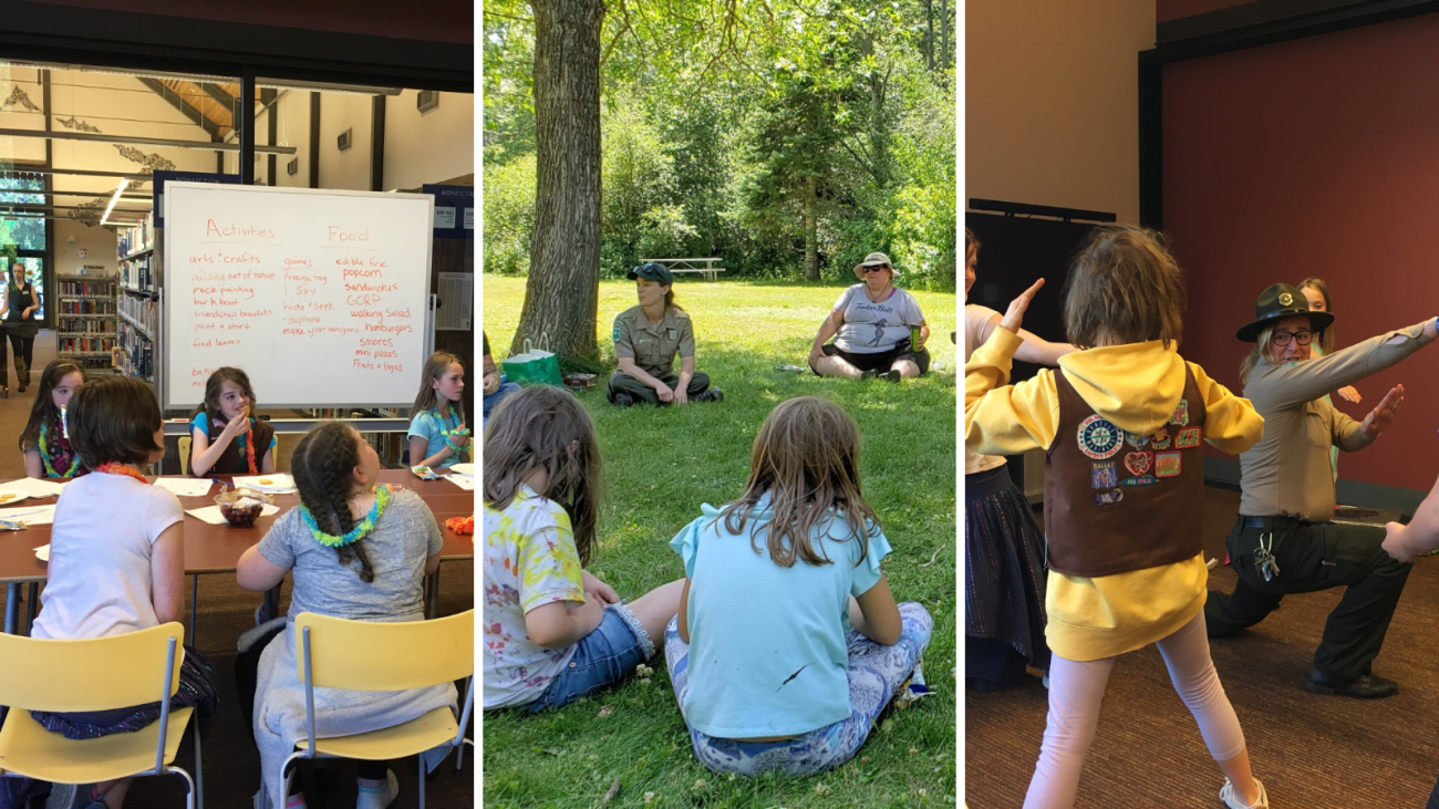 A collage of pictures of Girl Scouts in our state parks during Girl Scouts Love State Parks weekend