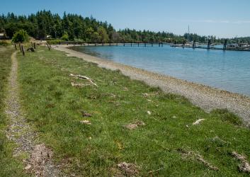 A gravel trail cuts through green grass with the rocky beach and water to the right. A wooden dock and boats, evergreen trees and blue sky sit in the background. 