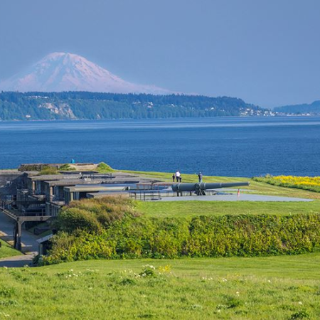 Green grassy area on a sunny day looking out over the ocean with a white capped mountain in the background