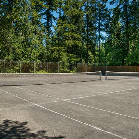 Tennis court with two nets on a sunny day.