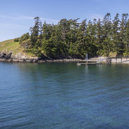 Island with grass and trees surrounded by dark blue water.