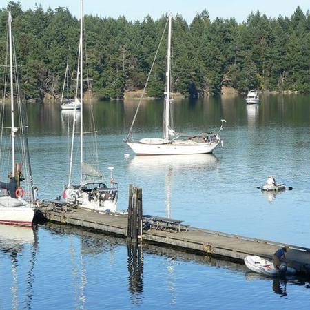 blue peaceful waters at boat dock reaching out into the water with boats moored to it