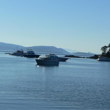 Boast on peaceful water moored with cliff behind it