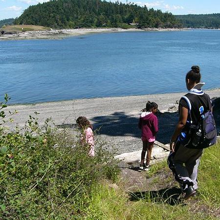 Hikers walking to water