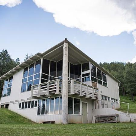 Lodge with trees and green grass