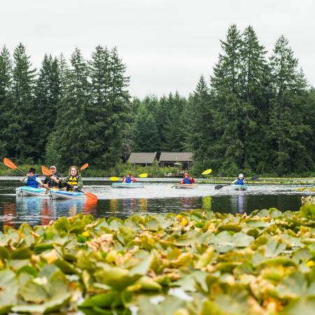 kayakers in the distance paddling a lake filled with lily pads