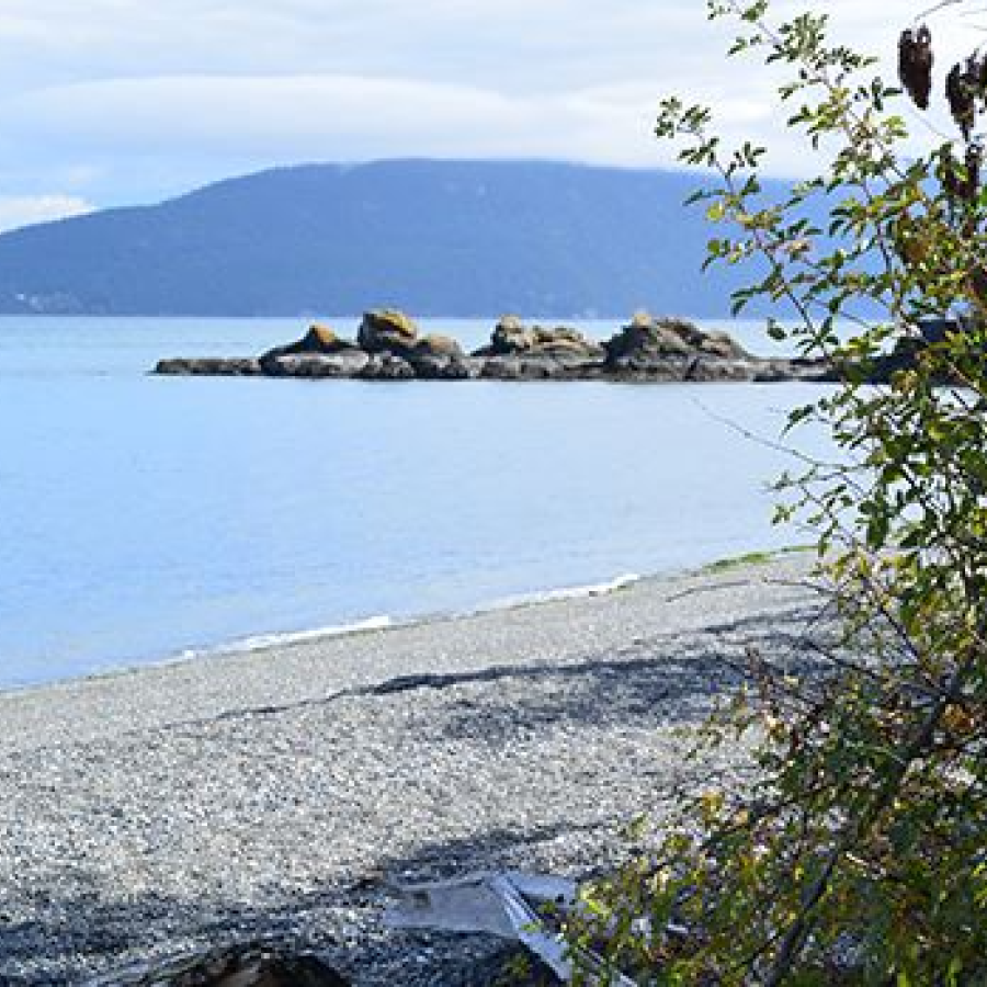 Rocky shoreline looking out to the ocean, blue waters and fluffy white clouds