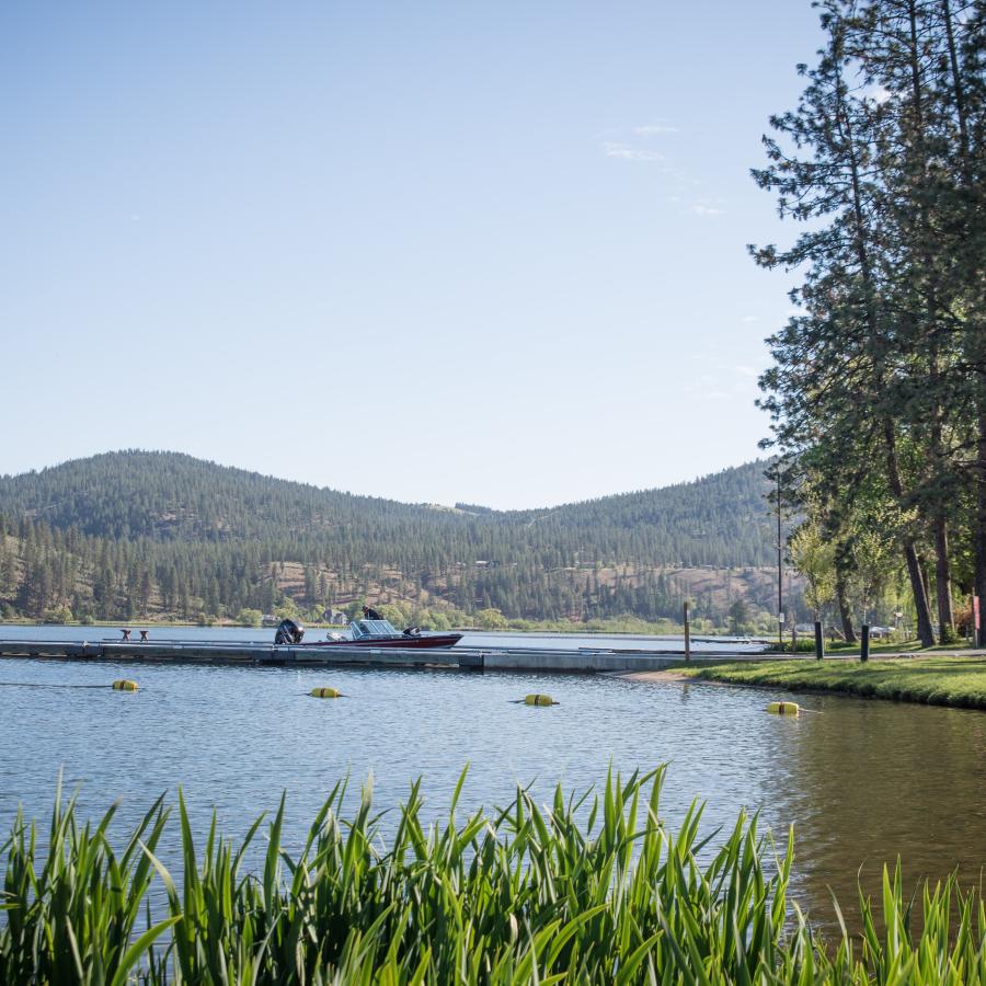 A boat is tied to a dock near a swimming area along the grassy edge of a lake.