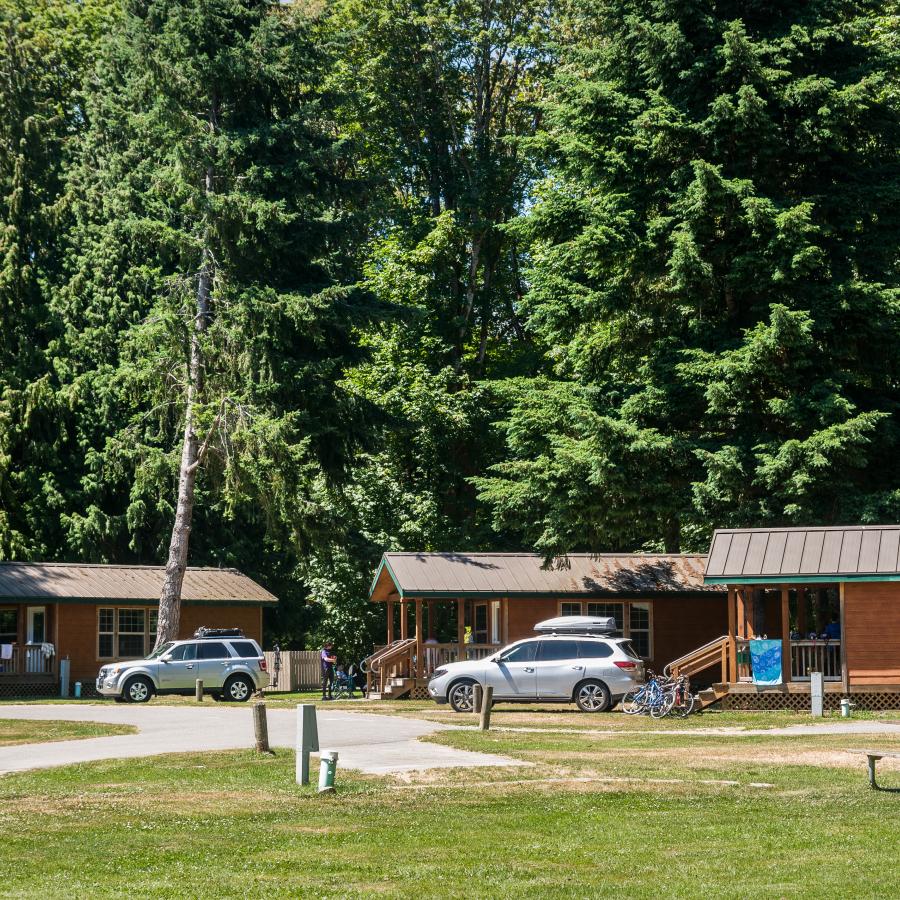 Three cabins in the Dosewallips camp ground.