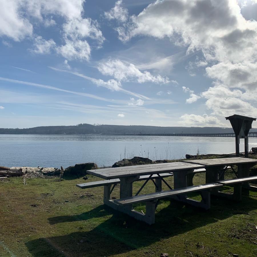 Shine Tidelands picnic  area near information sign view of Puget Sound