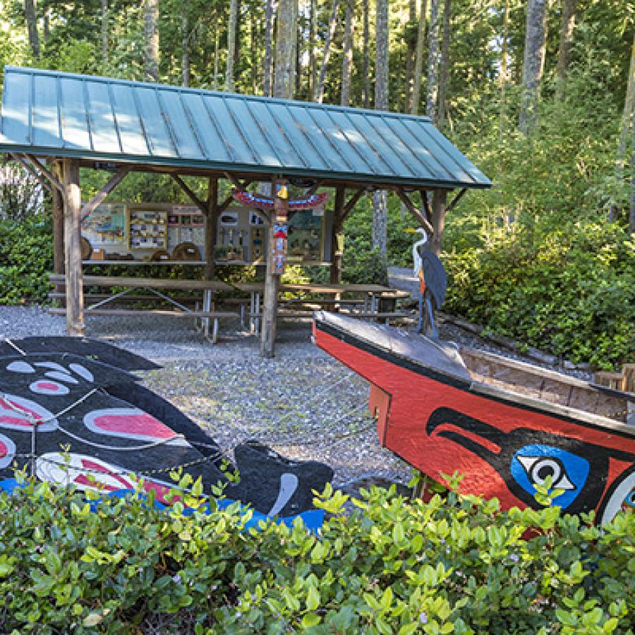 Native American artwork near a shelter in the trees