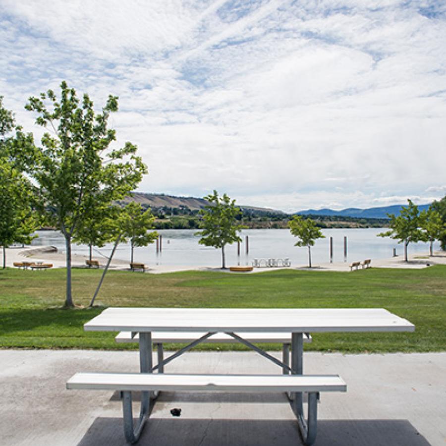 A picnic table on a concrete slab with a wide green lawn ending up at a river shoreline. 