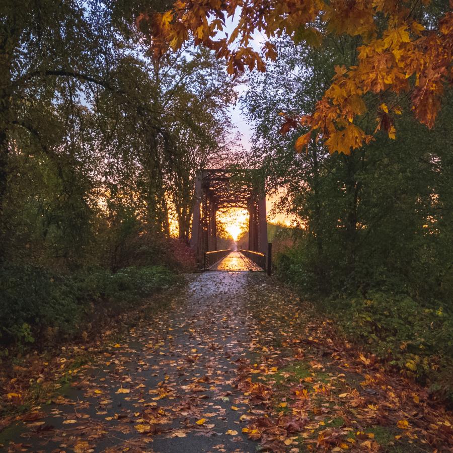 A trail running through an old railroad bridge surrounded by brilliant fall foliage and a spectacular gold, pink and blue sunset. 