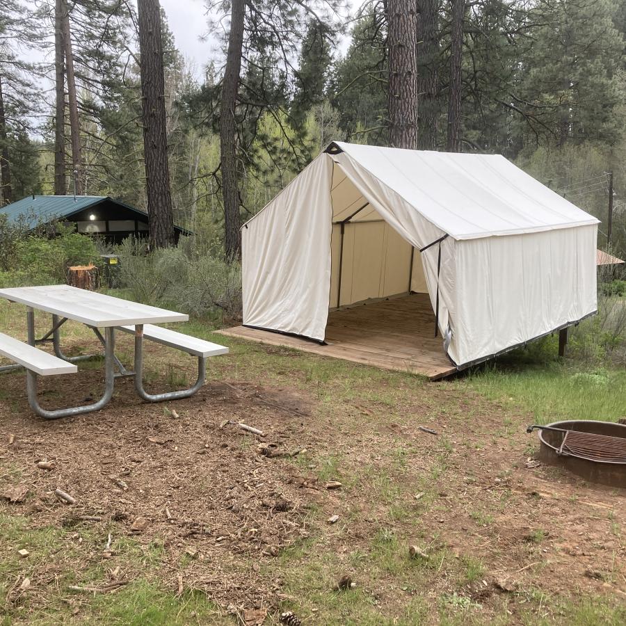 Brooks Memorial Wall Tent 3 with picnic table and firepit