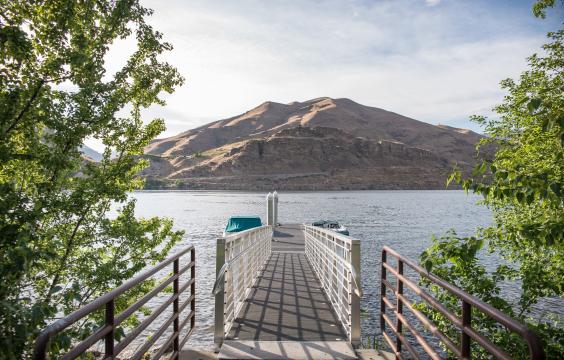 Green leafy trees surround the entrance to the dock ramp with boats tied up to the dock with a brown hillside across the water and a cloudy sky. 