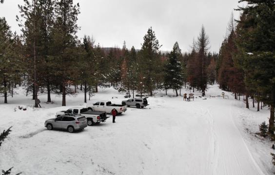 An unplowed parking area with compacted thin snow at a trailhead, next to a groomed road, surrounded by snow-dusted trees.