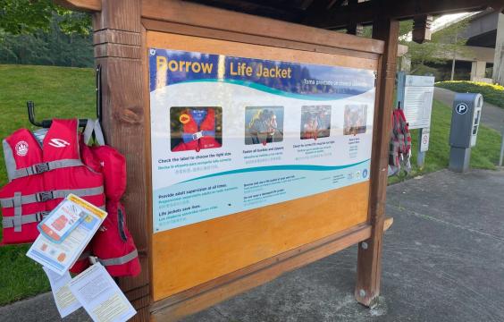 life jacket loaner station for public use at a local water access point